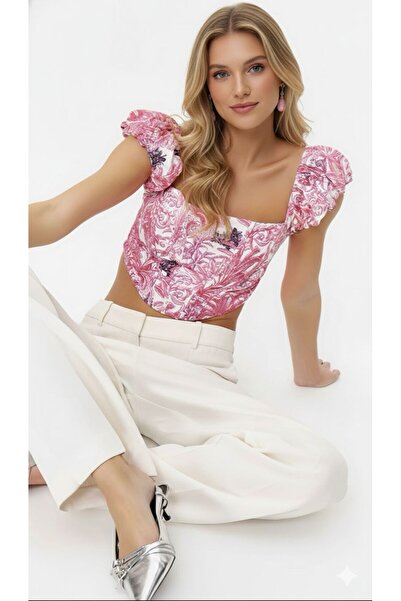 marvion Pembe Çok Renkli Crop Astarlı Korse Detaylı Çiçek Desenli Dokuma Popl...