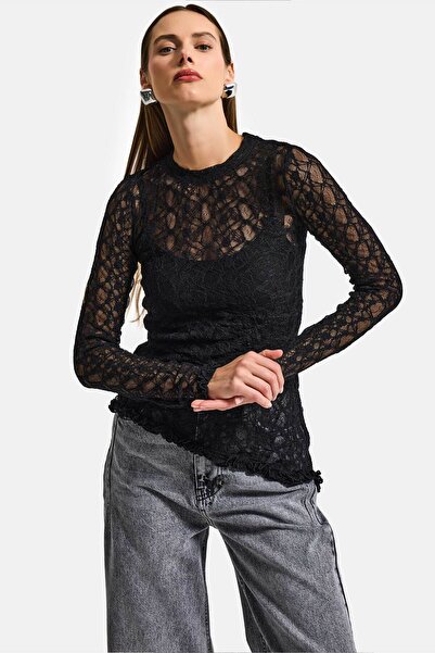it's basic Women's Black W5 Asymmetrical Cut Special Knit Lace Design Sheer S...