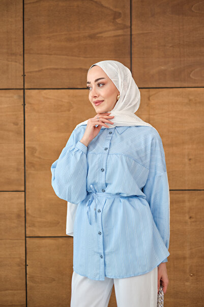 LOCCO Women's Striped Detailed Casual Shirt Baby Blue