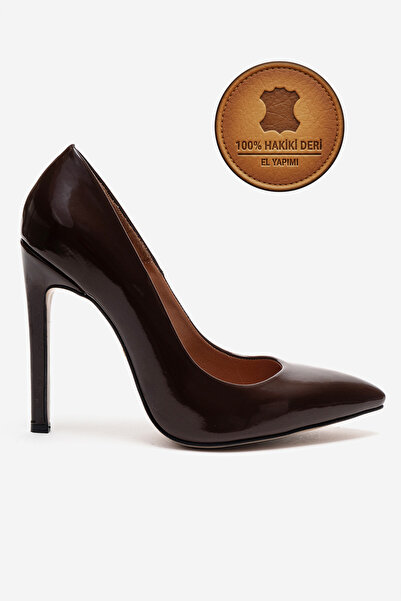 Ayakkabı Ateşi Genuine Leather Brown Patent Leather Pointed Toe Flat Sole Sti...