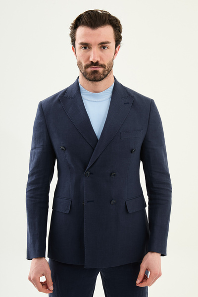 Mcr Plain Slim Fit Wide Collar Double-Breasted Pocket 100% Linen Men's Jacket...