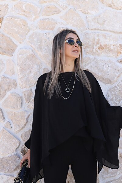 bytugcekaya Black standard size flying cape blouse