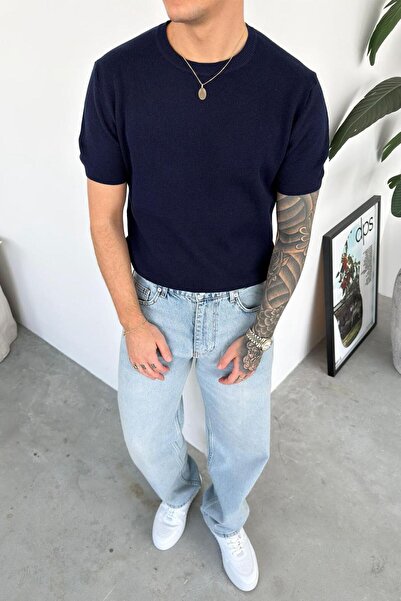 HAFKAGİYİM Mornarsko plava Osnovni okrugla kragna pletena opuštena majica