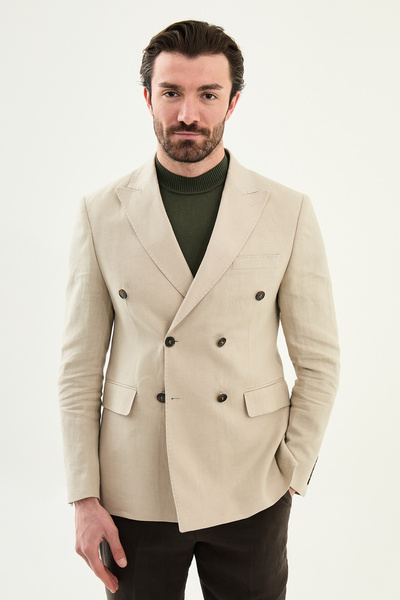 Mcr Plain Slim Fit Wide Collar Double-Breasted Pocket 100% Linen Men's Jacket...