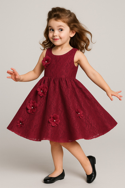 FOR GIRLSS Girls' Sleeveless Lace Dress with 3D Floral Appliqués - Burgundy