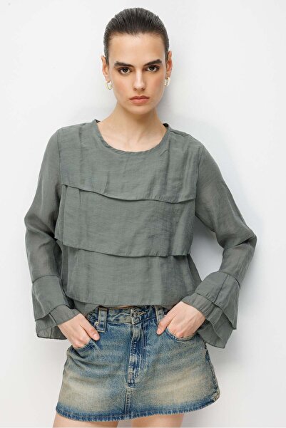 Mixray 4831 Women's Layered Detailed Ruffled Long Sleeve Blouse Khaki