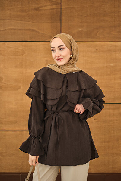 LOCCO Γυναικείο τουνίκ με φαρδιά γιακάτα μέση Με δέσιμο σε καφέ χρώμα