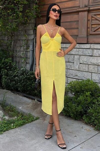 Hiccup Janes Slit Textured V-Neck Midi Dress