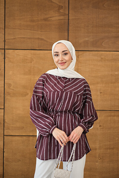 LOCCO Women's Striped Detailed Casual Shirt Plum