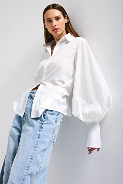 it's basic Cămașă albă cu mâneci bufante w5 pentru femei bumbac cambrat în ta...