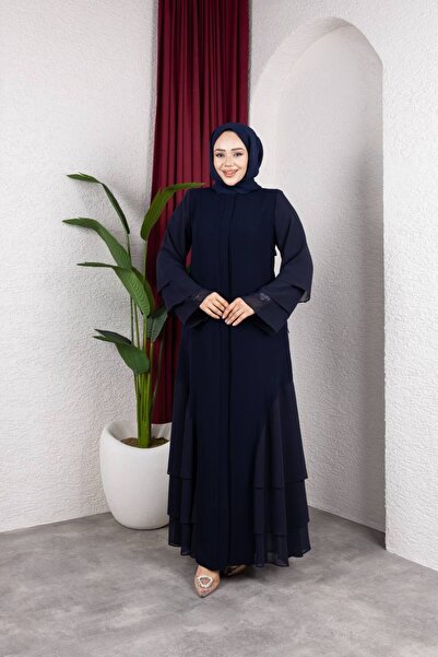 ENDAMLI Şifon Kat Detaylı Ferace 2304 Lacivert