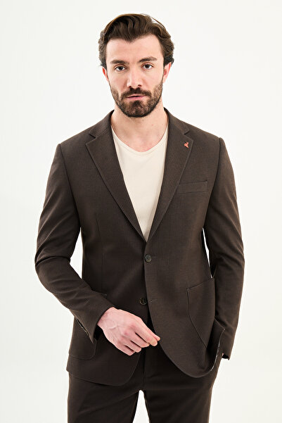 Mcr مخطط قصة ضيقة بدلة رجالية بياقة مونو وجيب ورباط للخصر باللون البني - 4543...