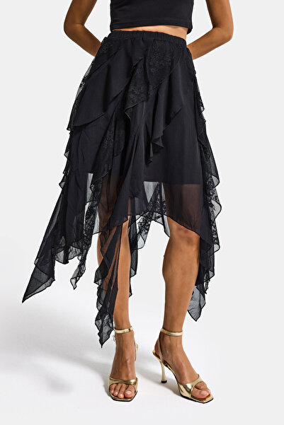 it's basic Γυναικεία Μαύρη w5 Ασύμμετρη Φούστα Δαντέλα Με λεπτομέρεια από τού...