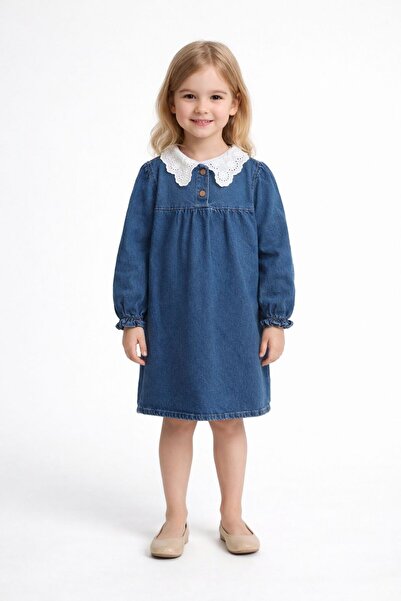 dundeekids Kız Çocuk Yaka Dantel Kot Elbise