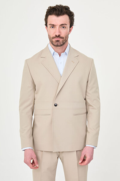 Mcr Plain Slim Fit Mono Collar Single Button Pleated Pants Men's Suit Beige -...