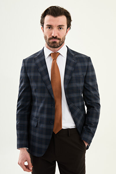 Mcr Plaid Pieces Slim Fit Mono Collar Combination Men's Suit Navy Blue - 4543...