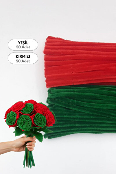 Bimotif 100lü tüylü tel şönil, 30 cm (50 adet Yeşil, 50 adet Kırmızı, Gül, La...