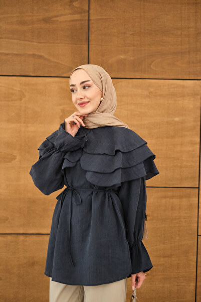 LOCCO Women's Wide Collar Waist Tie-Detail Tunic Navy Blue