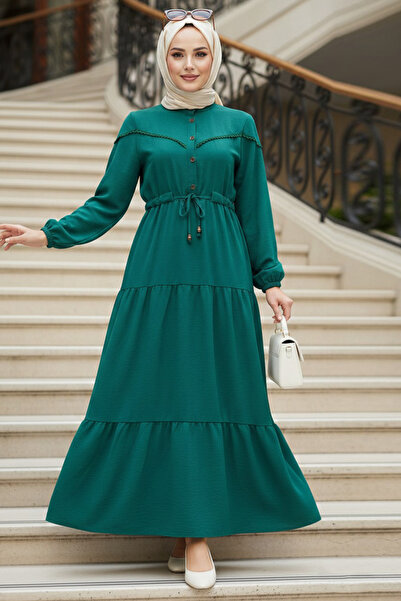N.S NEVA STYLE Pleated Green Hijab Dress 10334Y