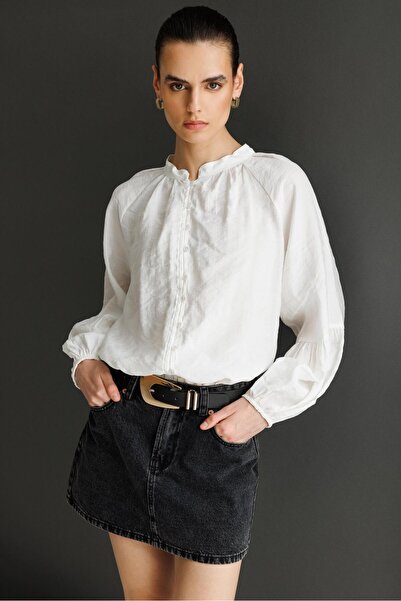 Mixray 4826 Ženska bluza sa balon rukavima i ovratnikom, sa dugmićima, boja ekru