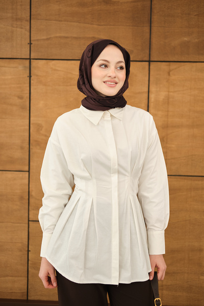 LOCCO Ženska košulja sa skrivenim dugmadima i detaljima na struku, bela