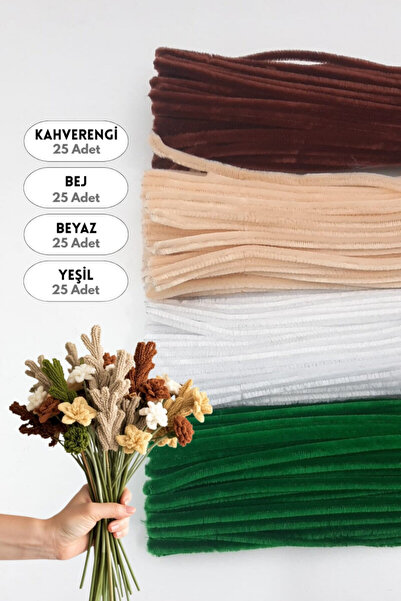 Bimotif 100lü tüylü tel şönil, 30 cm (25er adet Yeşil, Kahverengi, Bej, Beyaz...