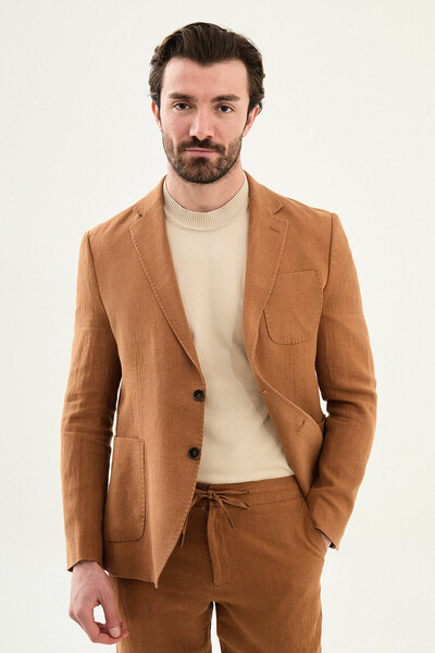 Mcr Plain Slim Fit Mono Collar Pocket 100% Linen Men's Jacket Camel - 41487.26Y