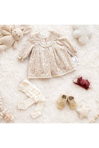 Happy Baby Butik Mymio Baby Girl Floral Print Guipure Detailed Vintage Linen Dress