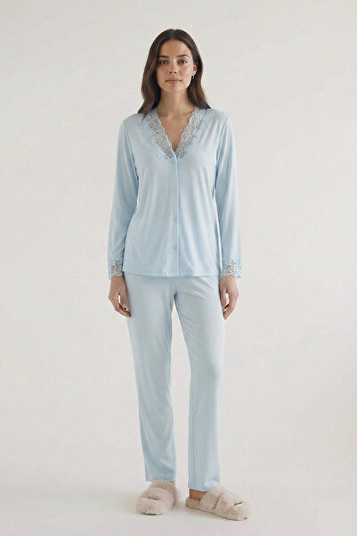 Espuar Women's Pajama Set, V-Neck, Lace Pieces, Button-Front , Long Sleeve, P...