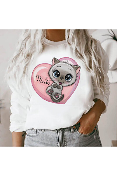 Kartier Women's White Blouse Meow Heart