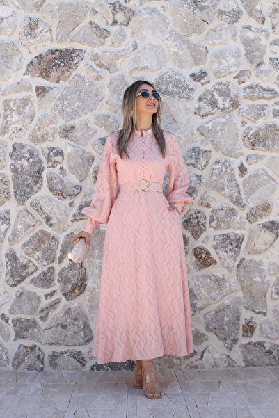 bytugcekaya Pudra Gold Belt Detail Pocketed Long Dress