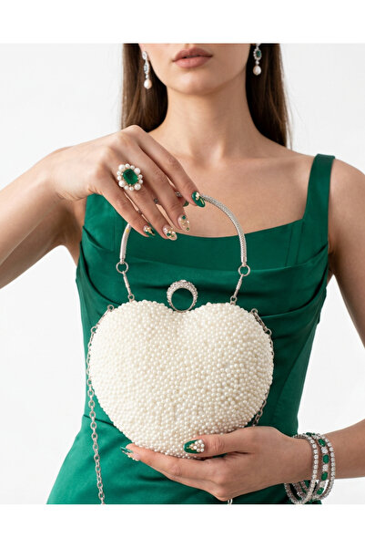 Çanta Trend Women's Stoned Hand-Embellished and Long Heart-Shape Model Evenin...