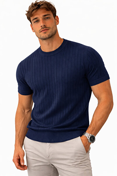 QS Erkek Bisiklet Yaka Triko Tişört Slim Fit Kırışmaz