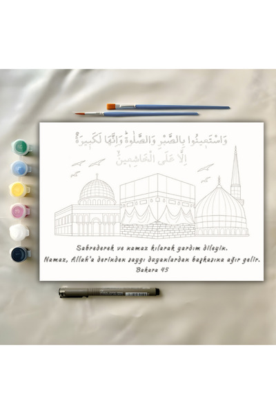 BOYA Ayetli Bakara 45 İslami Boyama Seti Boyalar Fırçalar Dahil Kabe Mescidi ...