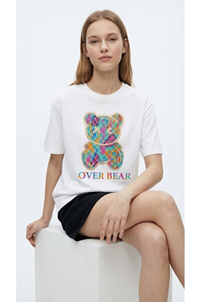 NİCE Women's Oversized T-Shirt Bear Printed White – Crew Neck, 100% Cotton Co...
