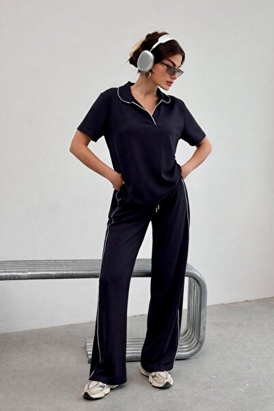 DAME Women's Polo Collar Striped Oversized Modal Tracksuit Set