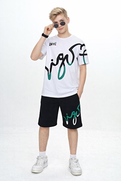 Bambam Αγόρια με τύπωμα Σετ με σορτς Λευκό T-shirt Μαύρο σορτς Καλοκαιρινό αθ...