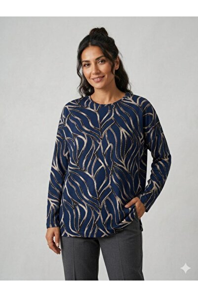 F&D Tekstil Women's Slit Print Patterned Glittery Stretch Fabric Mom Blouse