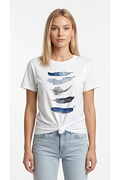NİCE Women's Oversized T-Shirt Blue Feather 5 Printed White – Crew Neck, 100%...