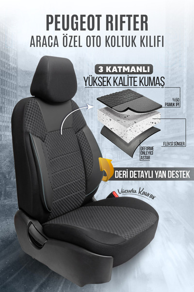 SM OTO KILIF Peugeot Rifter Uyumlu Pamuklu Kumaş Araca Özel Oto Koltuk Kılıfı Tam Set