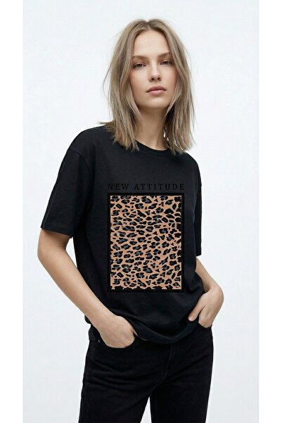 NİCE Women's Oversized T-Shirt New Attıtude Leopard Print Black – Crew Neck, ...