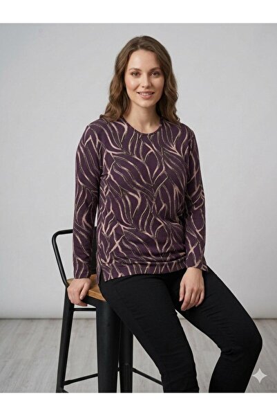 F&D Tekstil Women's Slit Print Patterned Glittery Stretch Fabric Mom Blouse