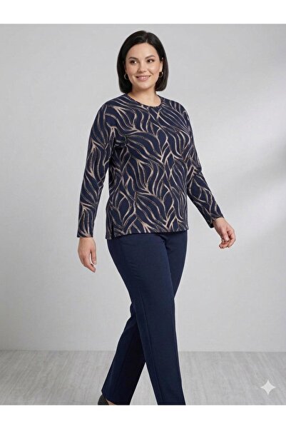 F&D Tekstil Women's Slit Print Patterned Glittery Stretch Fabric Mom Blouse