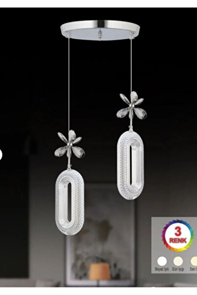 EY-EL TASARIM 2 Lİ DEFNE 3 RENK MODLU KRİSTAL TAŞLI LEDLİ SARKIT AVİZE