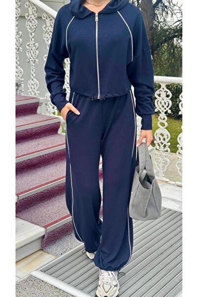 DAME Women's Striped Zippered Track Suit with Elastic Waist