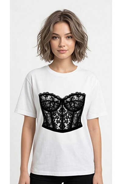 NİCE Women's Oversized T-Shirt Lace Top Printed White – Crew Neck, 100% Cotto...