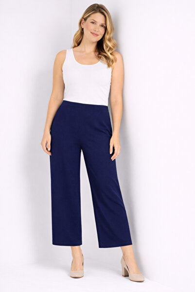 Şans Women's Plus Size Navy Blue, Elastic Waist, Wide Leg Crepe Pants 65N39373