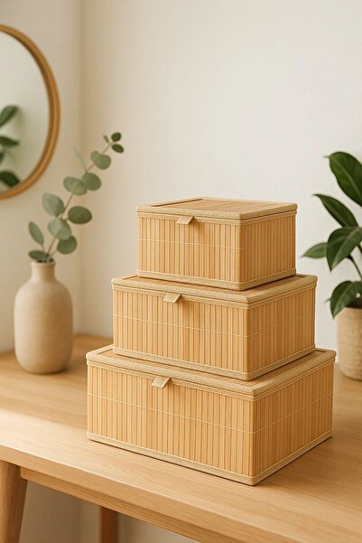 ROYALHOUSE 3'lü Bambu Kapaklı Saklama Kutusu Seti - Dekoratif Kutu - Dolap ve...