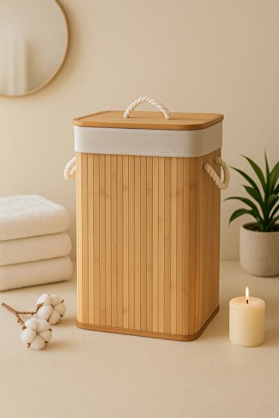 ROYALHOUSE Bambu Dikdörtgen Çamaşır Sepeti Kapaklı – Dekoratif ve Modern Kirl...