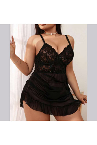 iygnus Büyük Beden Dantel ve Çiçek Detaylı Göğüs Dekolteli Gecelik